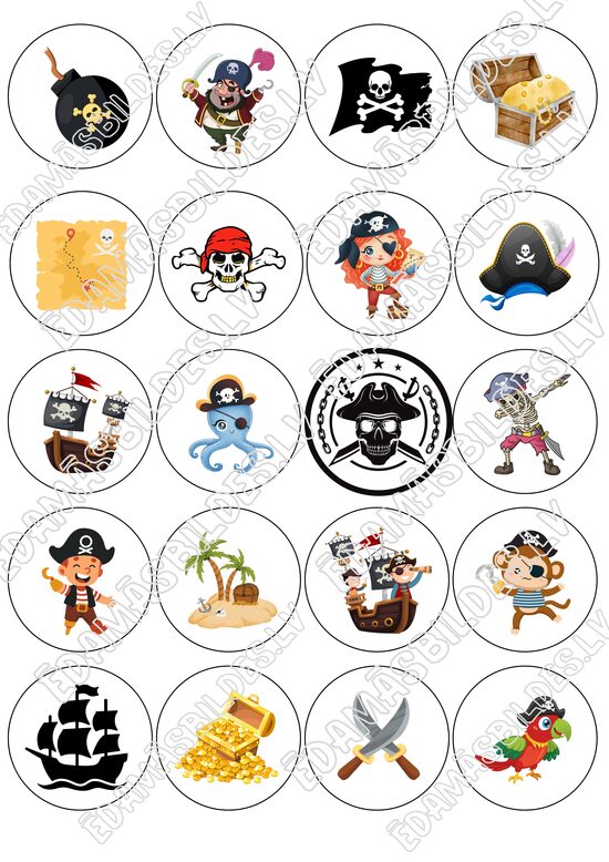 Cukura papīrs ar apdruku, "Pirātu ballīte", 5 cm